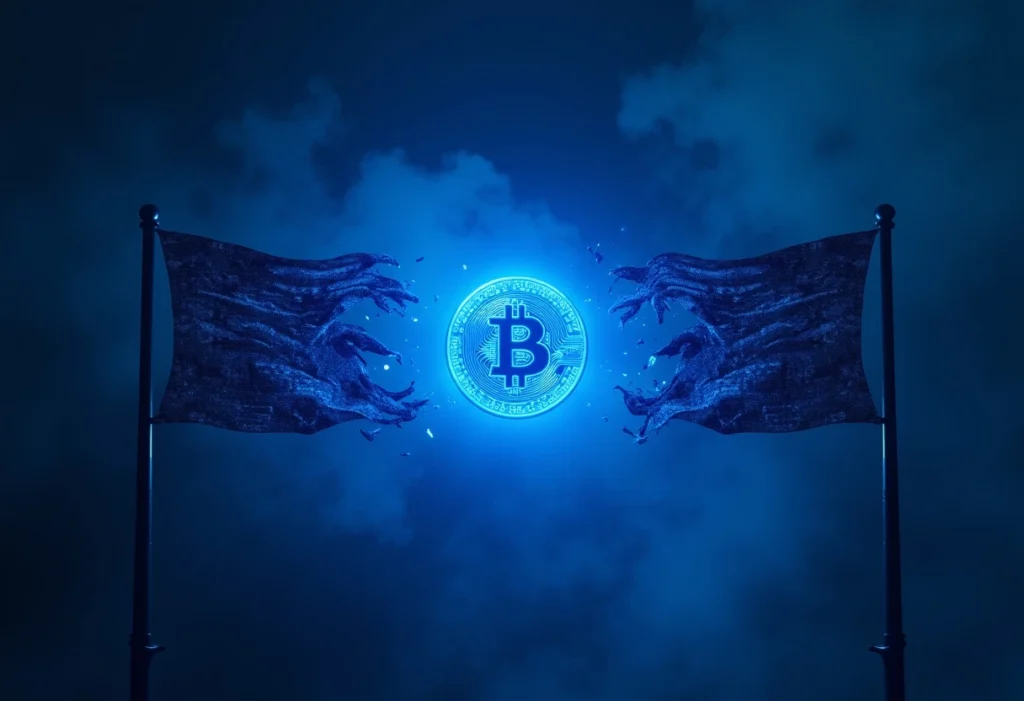 Freepik a glowing blue bitcoin coin floats between two abs 90497