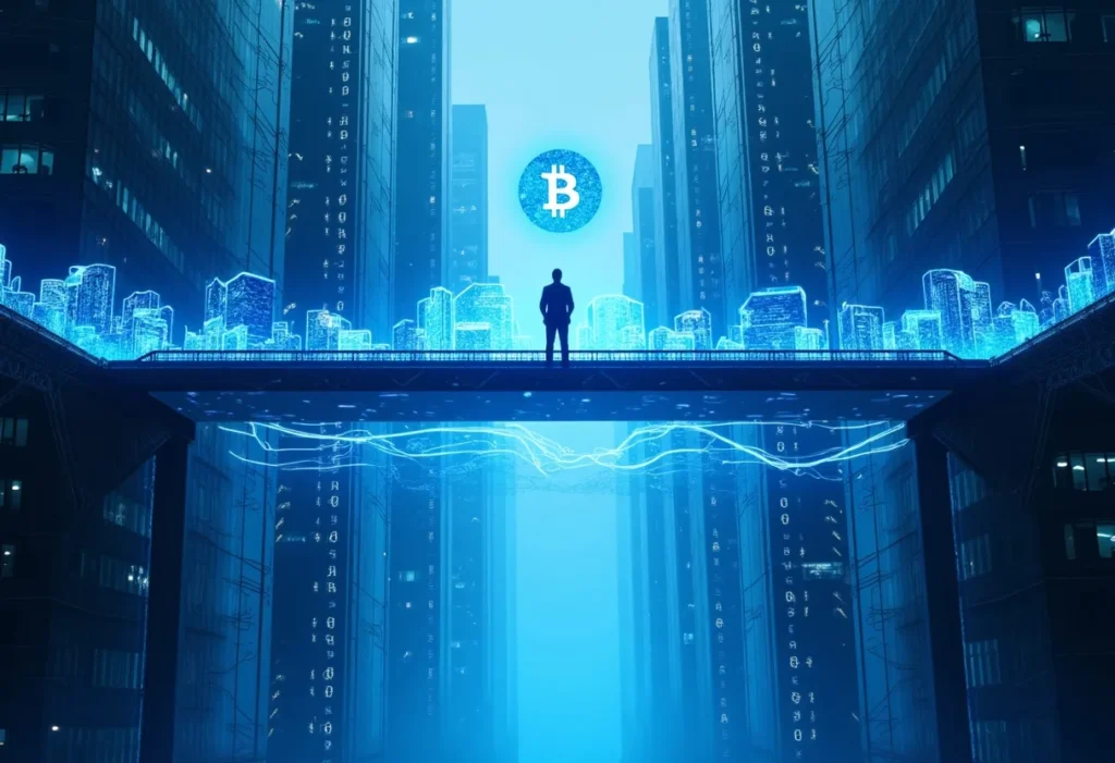 Freepik a man michaels and a massive futuristic blue bridg 61270